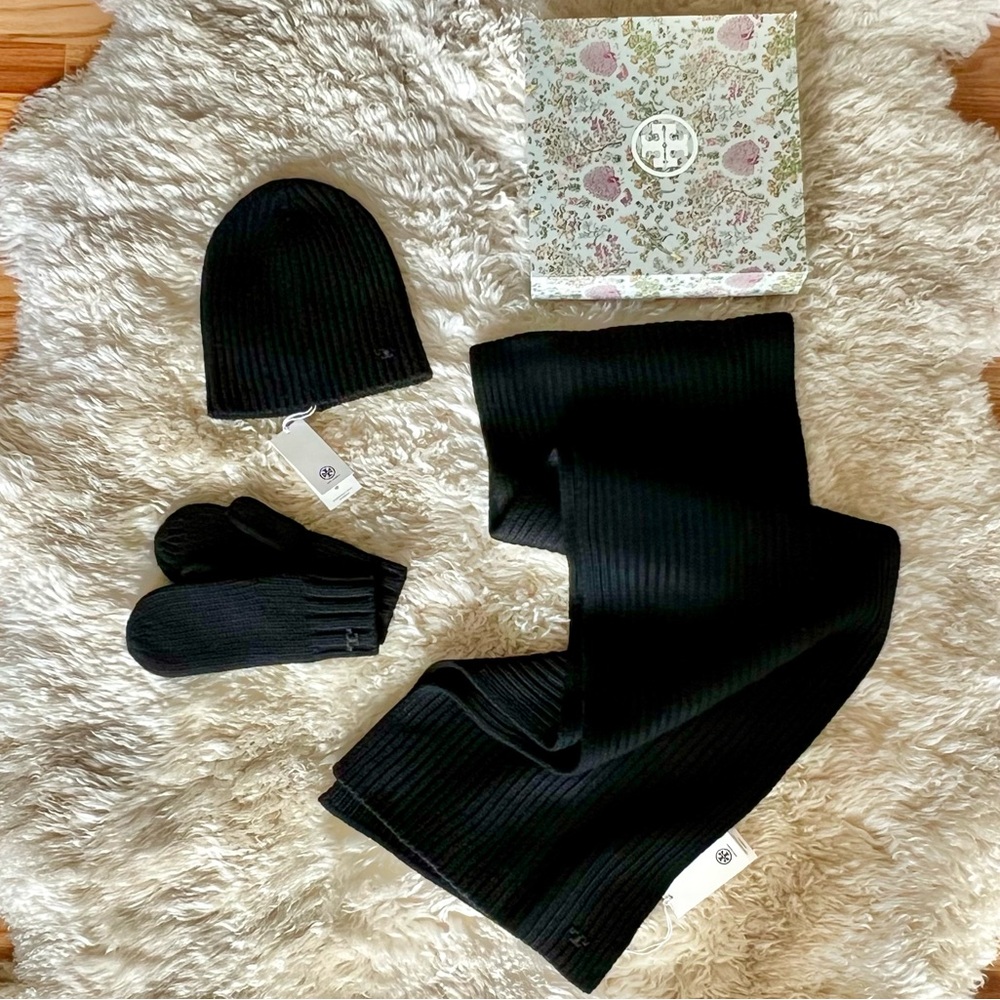 Tory Burch Ribbed Merino Wool Black Knit Scarf, Hat and Mittens Set